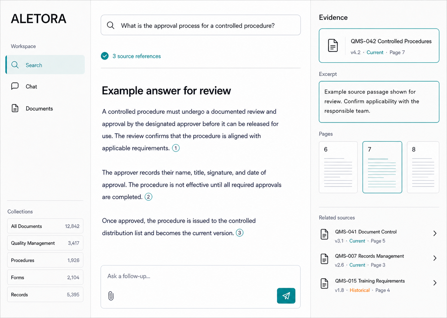 Illustrative Aletora workspace showing an example answer next to source references and document state